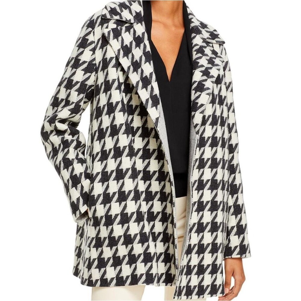 Theory  Wool Blend Black & White Houndstooth Pea Coat